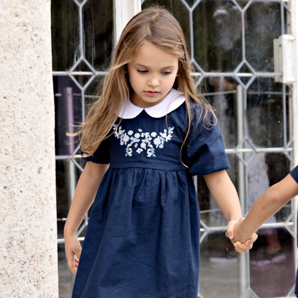 Navy Linen Dress With Embroidered Flowers | Petit Rack Navy Linen Dress With Embroidered Flowers | Petit Rack
