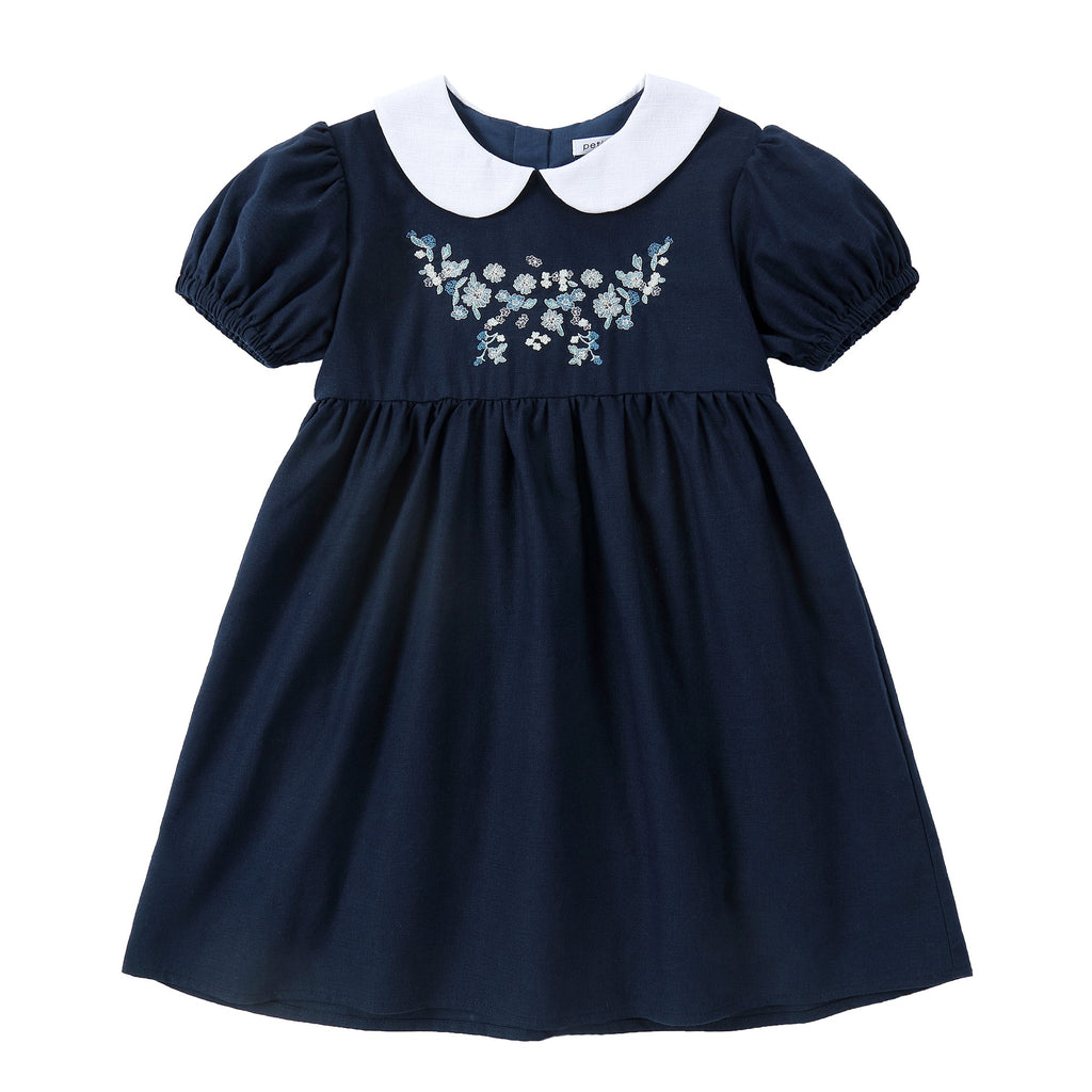 Navy Linen Dress With Embroidered Flowers | Petit Rack Navy Linen Dress With Embroidered Flowers | Petit Rack