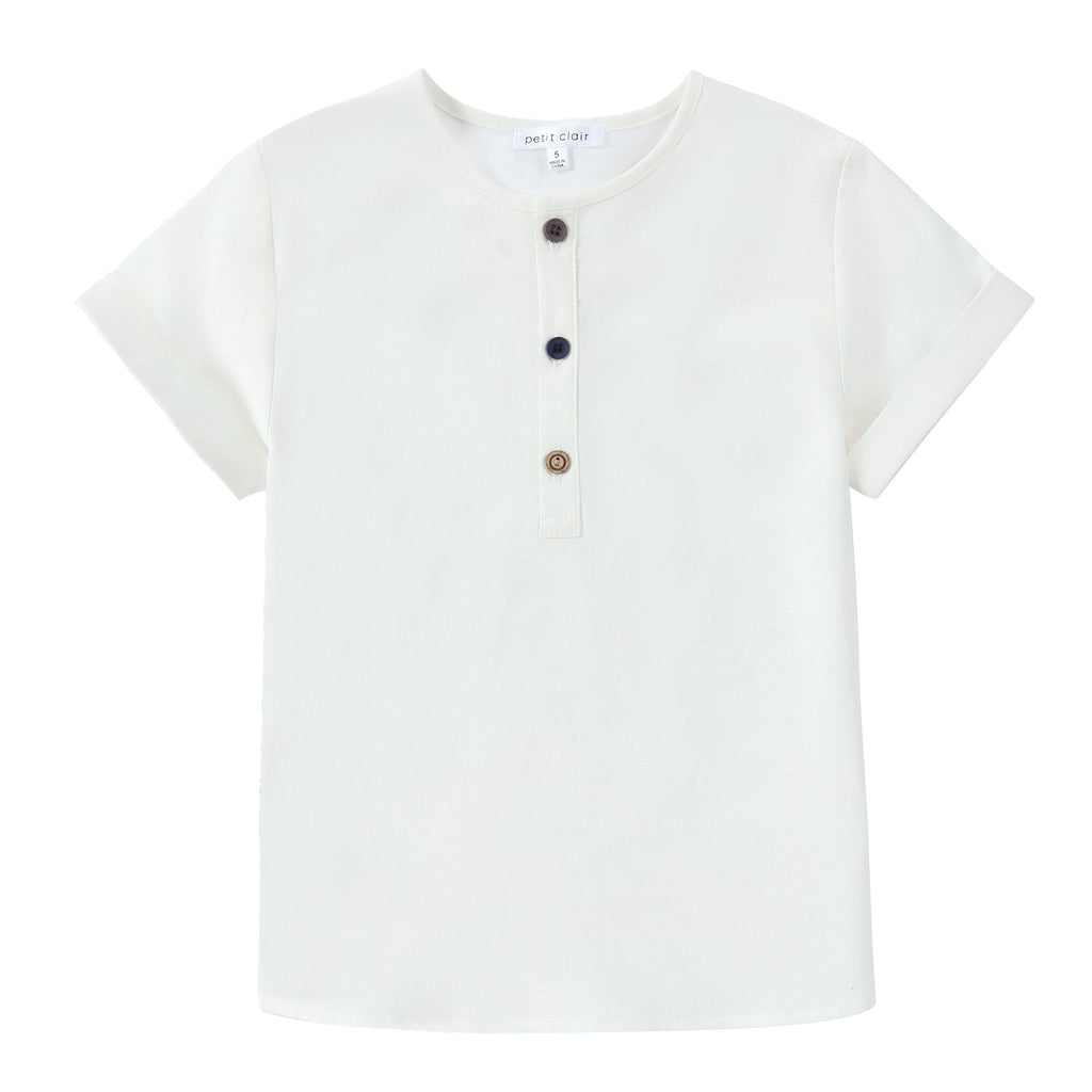 White Linen Mandarin Shirt- Short Sleeve