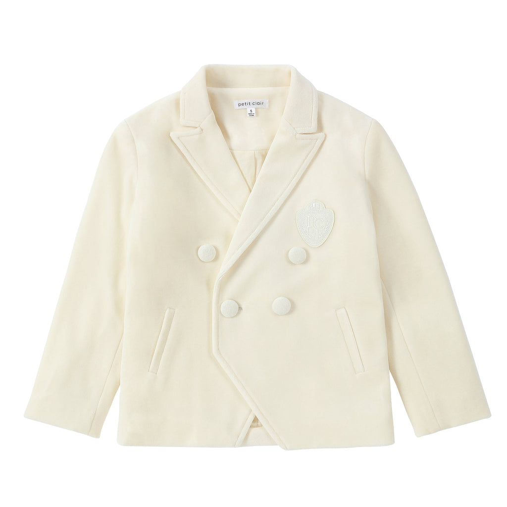Double Breasted Cream Velvet Emblem Blazer