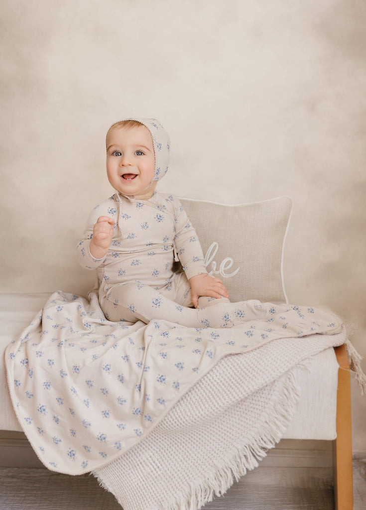 Tan and Blue Floral Blanket