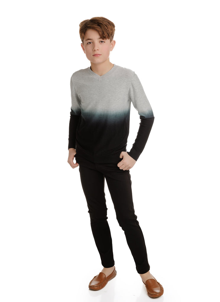 Grey Ombre Dip Dye V-Neck Sweater
