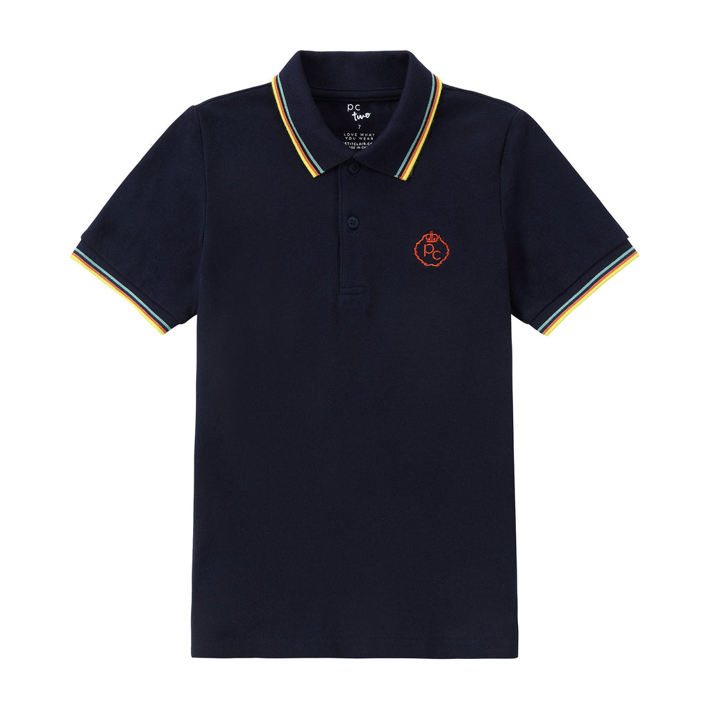 Navy Short Sleeve Polo With Colorful Stripes