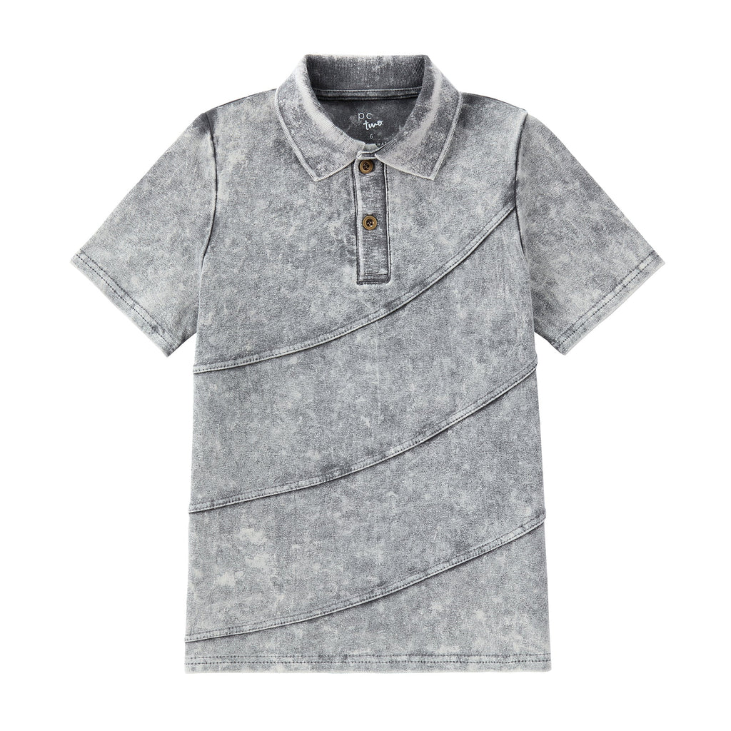 Grey Stretch Denim Short Sleeve Polo With Diagonal Seaming Detail