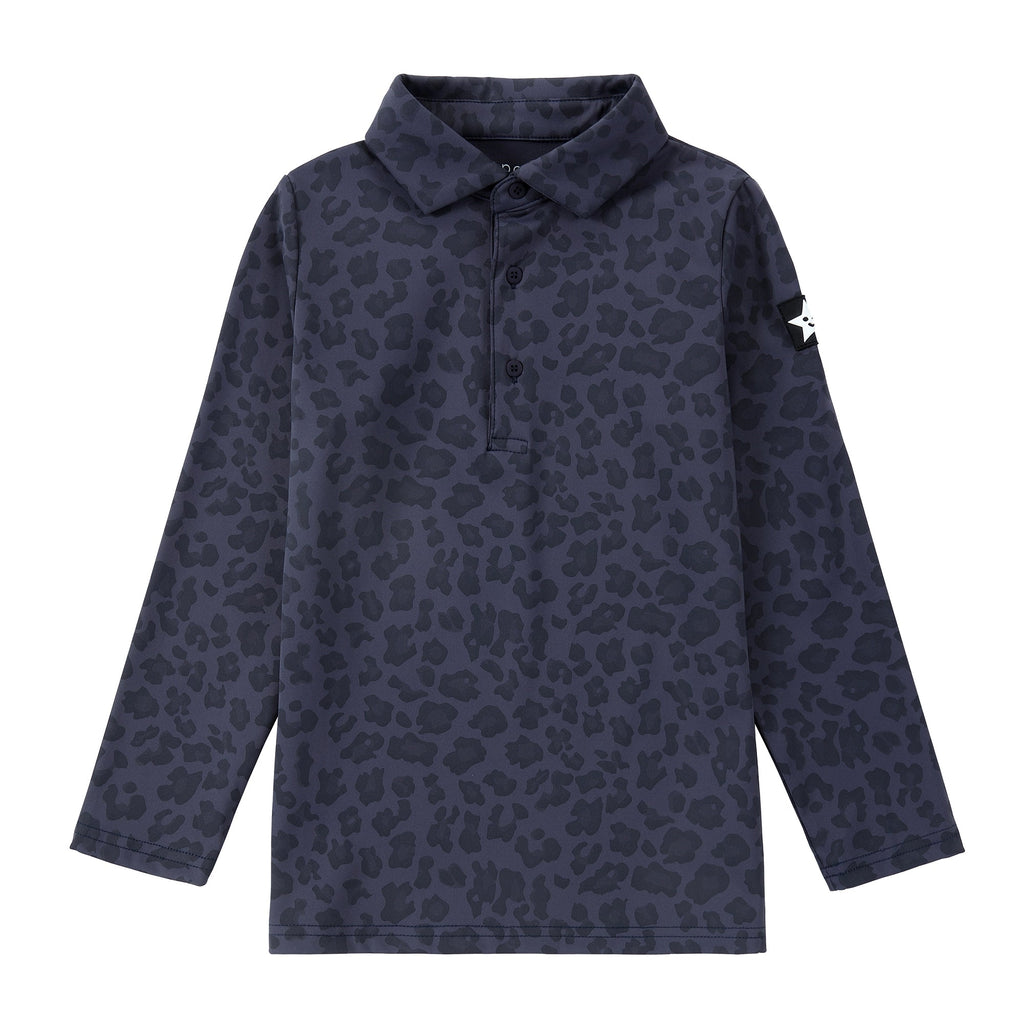 Blue Leopard Print Long Sleeve Polo