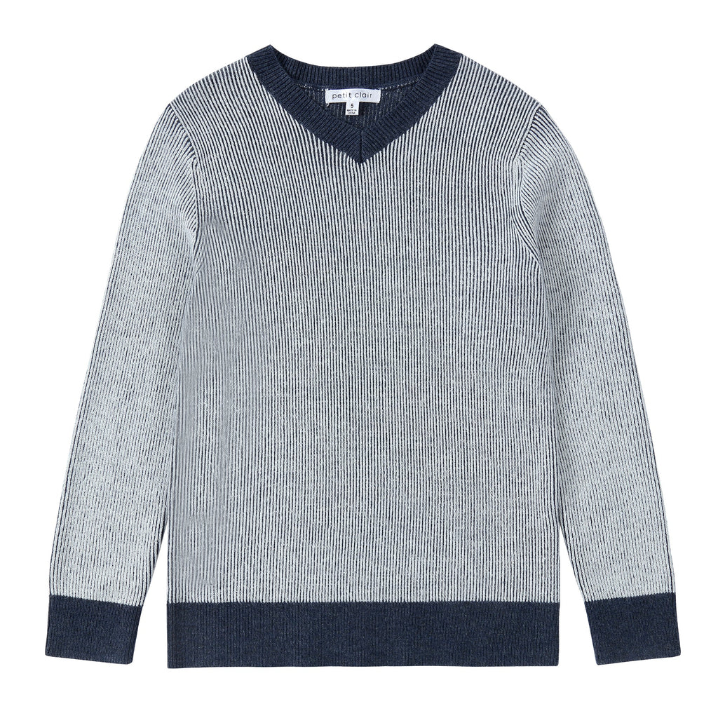 Blue and White Ribbed Stripe V-Neck Long Sleeve Sweater