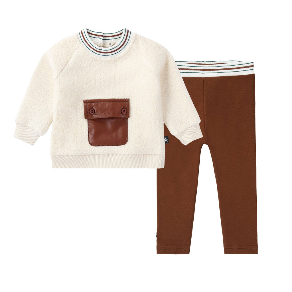 Ivory Sherpa Sweatshirt Set with Brown Leather Pocket Detail
