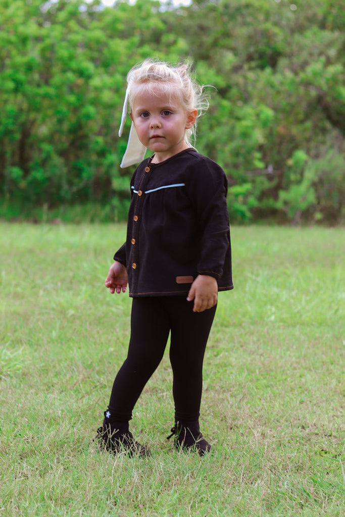 Baby Black Denim Top with Ivory and Brown Accents