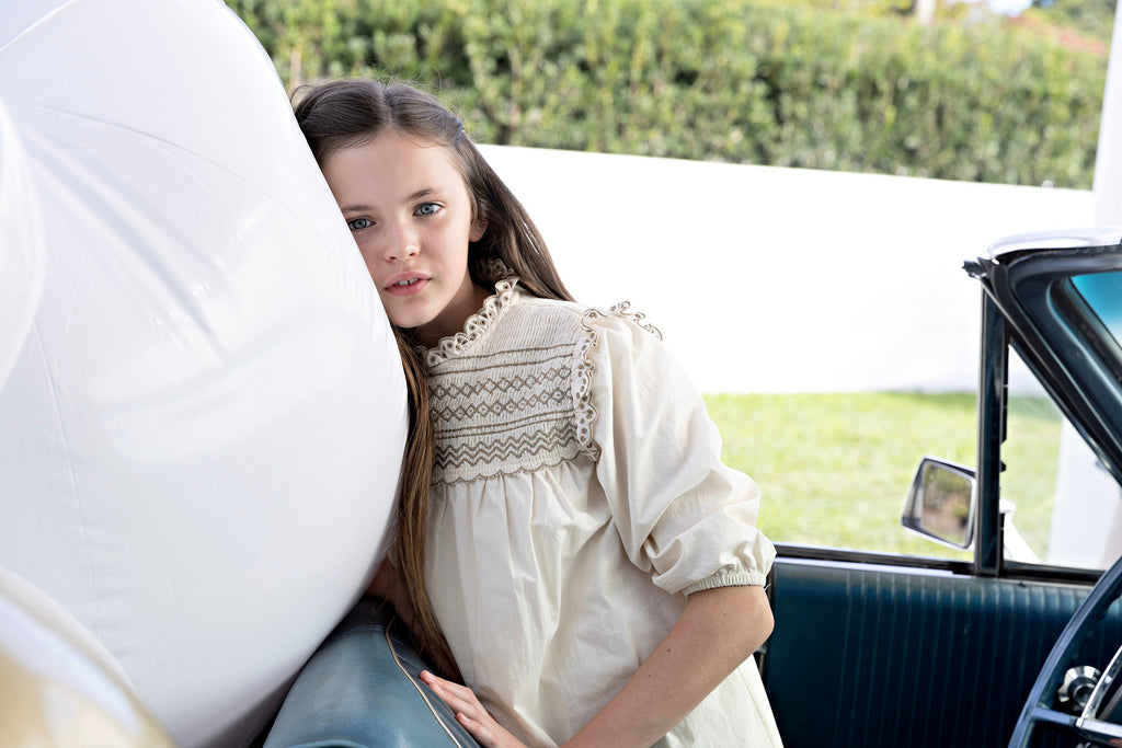 Cream Dress with Brown Shirring Details