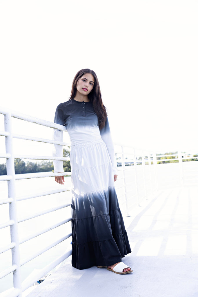 Black and Ivory Dip-Dyed Tiered Maxi Skirt