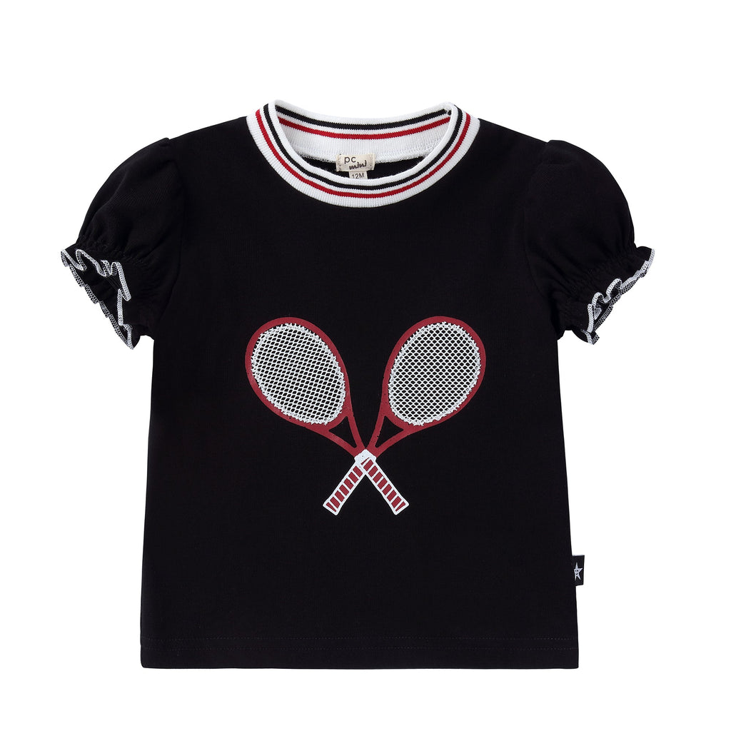 Baby Girl Tennis Applique T-shirt with Puff Sleeve