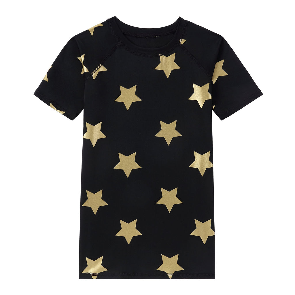 Teen Black Swim Shirt With Gold Star Print