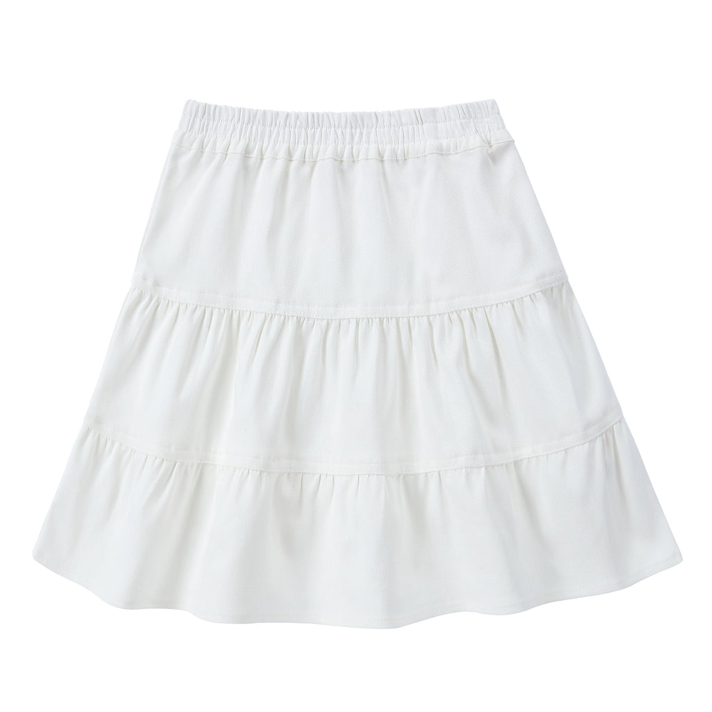 Girls White Denim Tiered Skirt with Shirred Waistband
