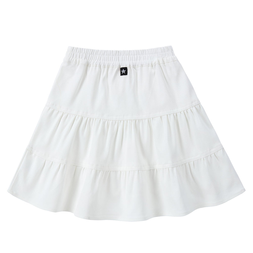 Girls White Denim Tiered Skirt with Shirred Waistband