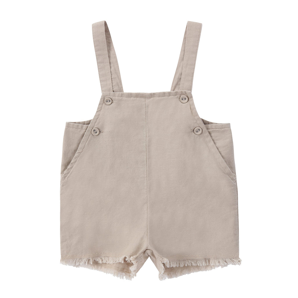 Tan Linen Romper With Frayed Details