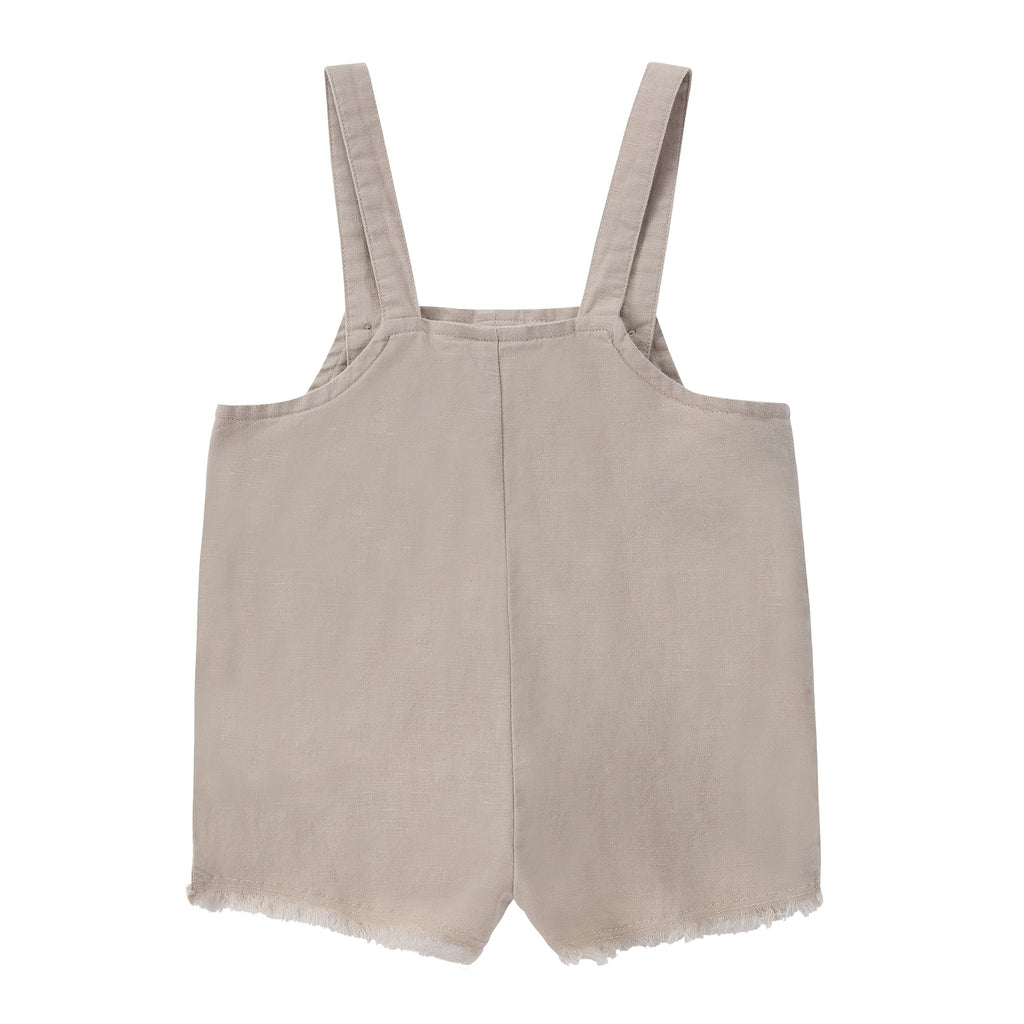 Tan Linen Romper With Frayed Details