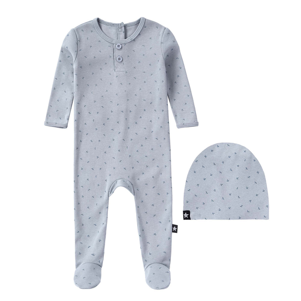 Blue Leaf Print Henley Footie with Hat