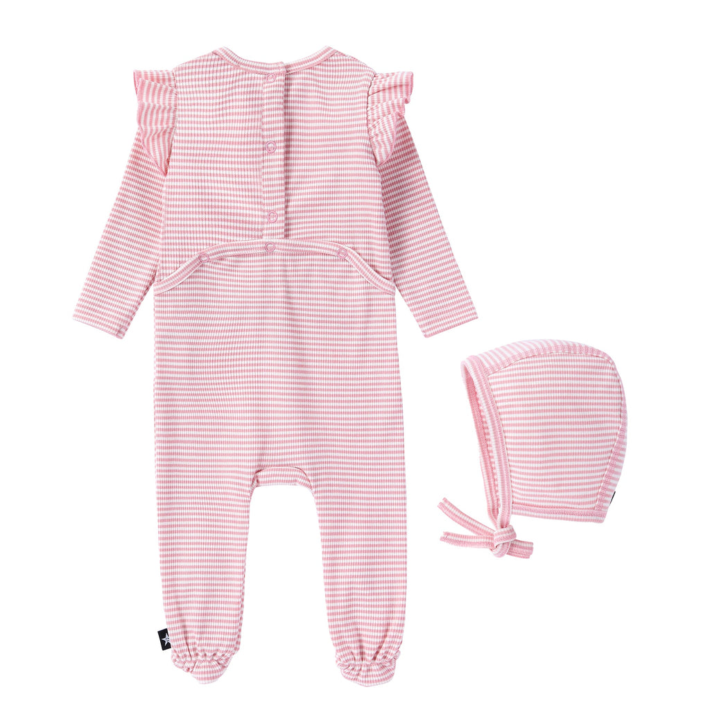 Pink and White Striped Ribbed Footie with Hat