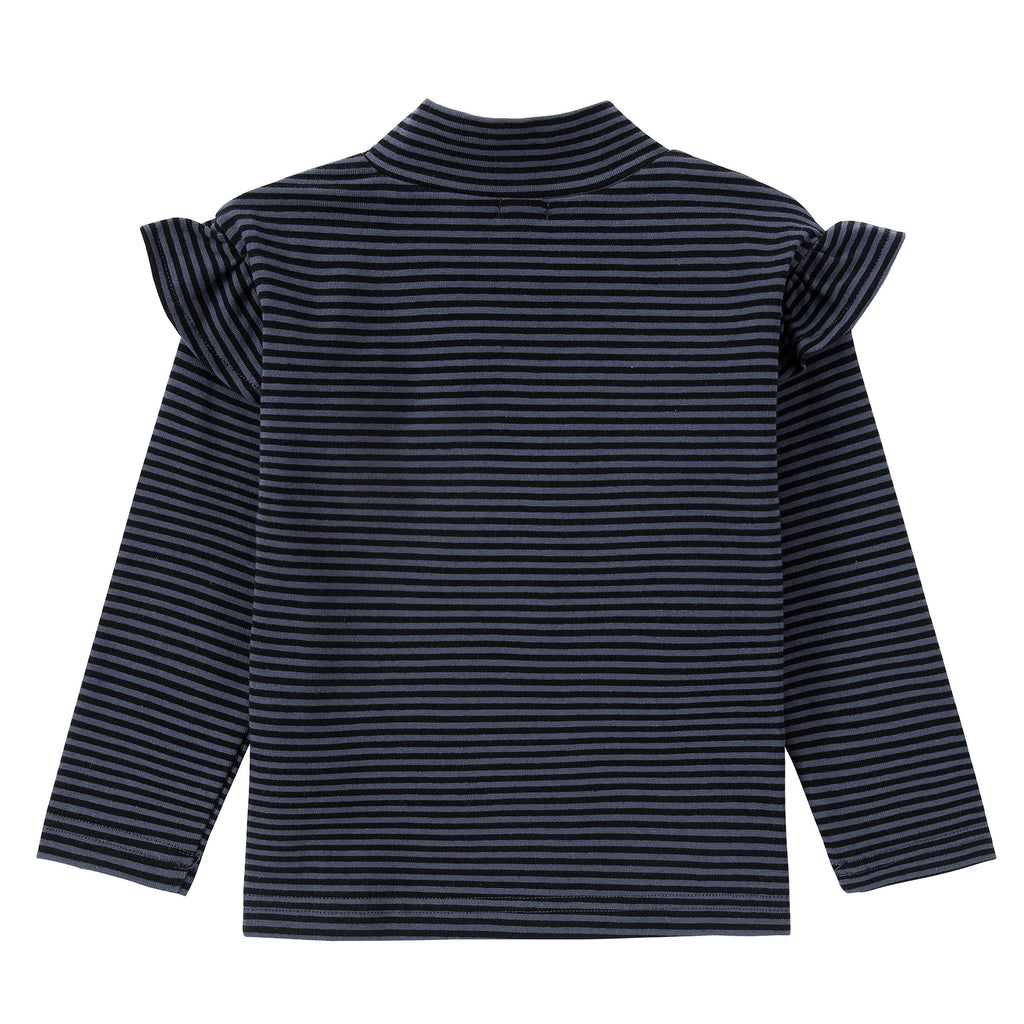 Slate Blue Striped Ruffle Mock Neck