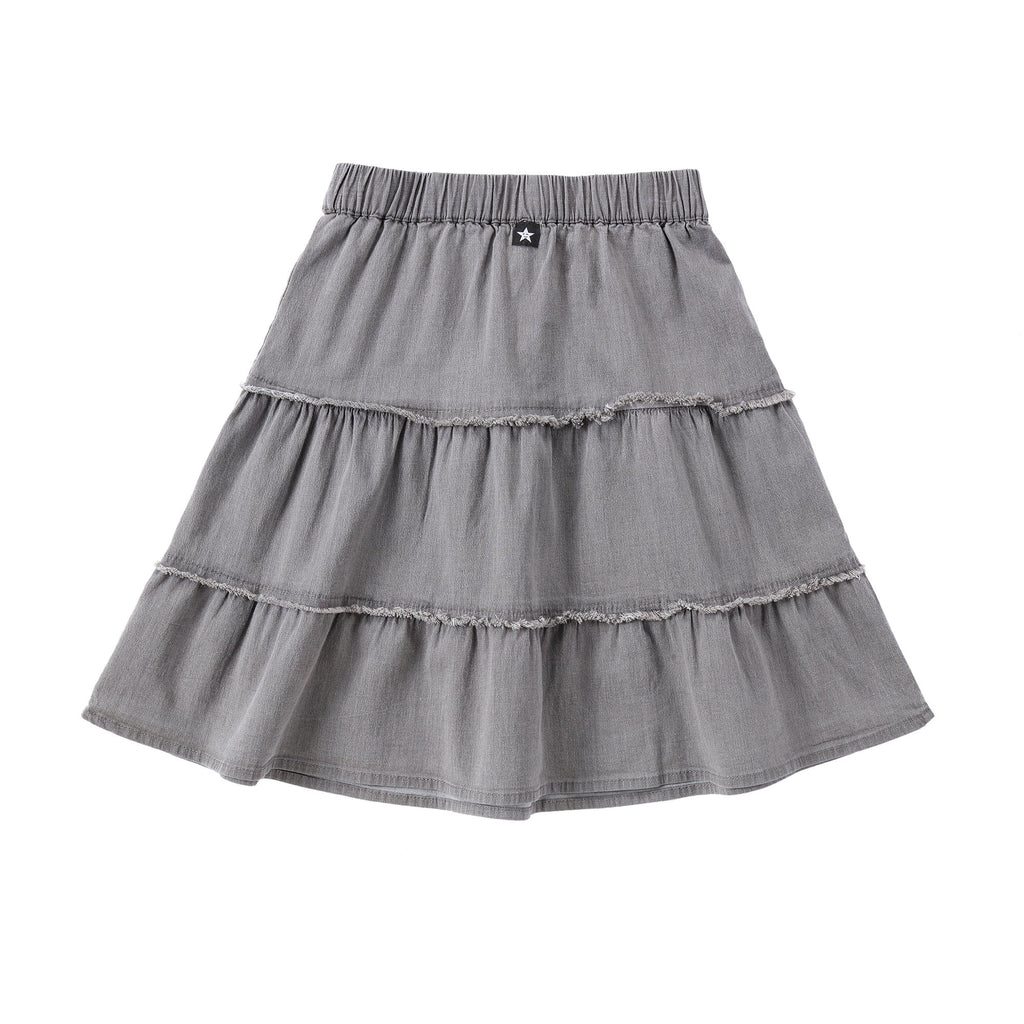 Grey Denim Frayed Edged Tiered Skirt