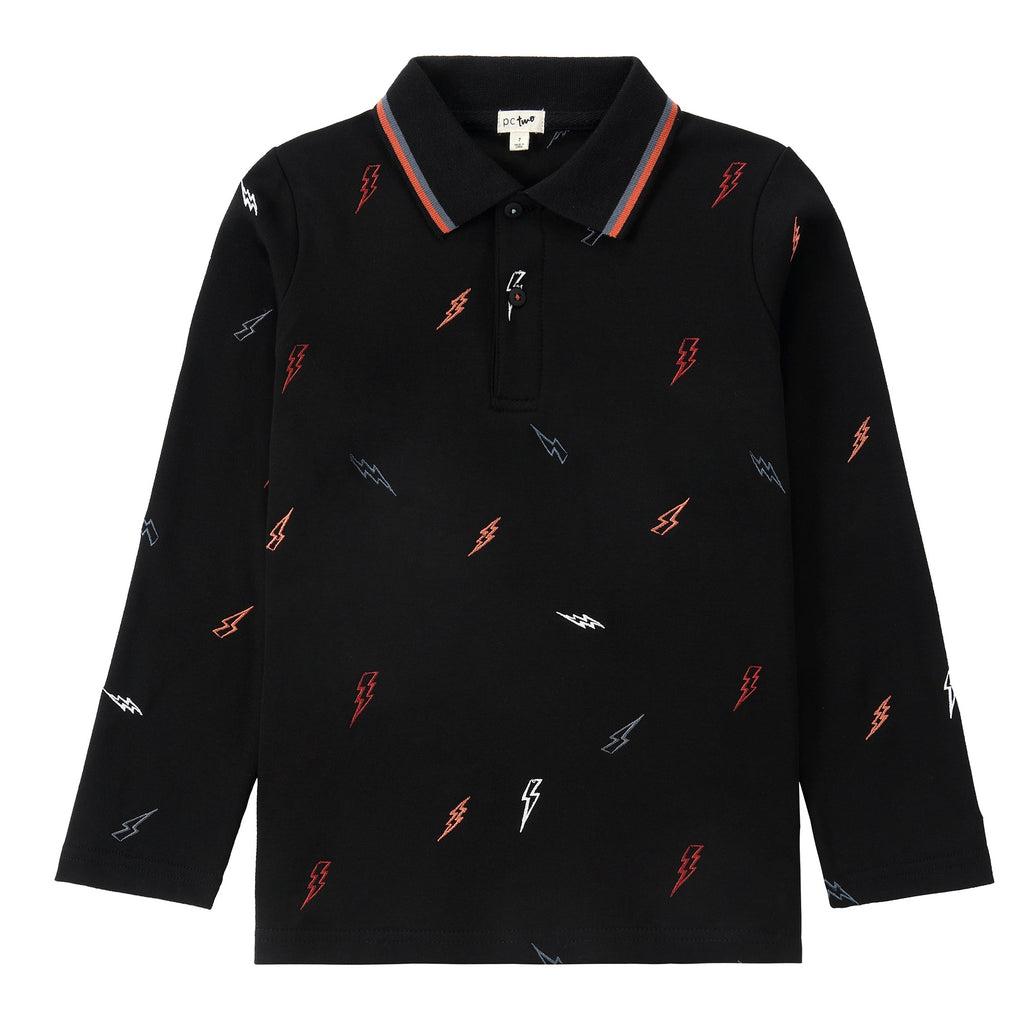 Black Polo With Embroidered Lightening Bolts