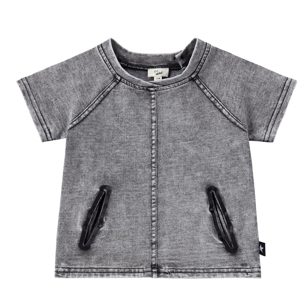 Grey Stretch Denim Raglan T-shirt with Printed Pockets
