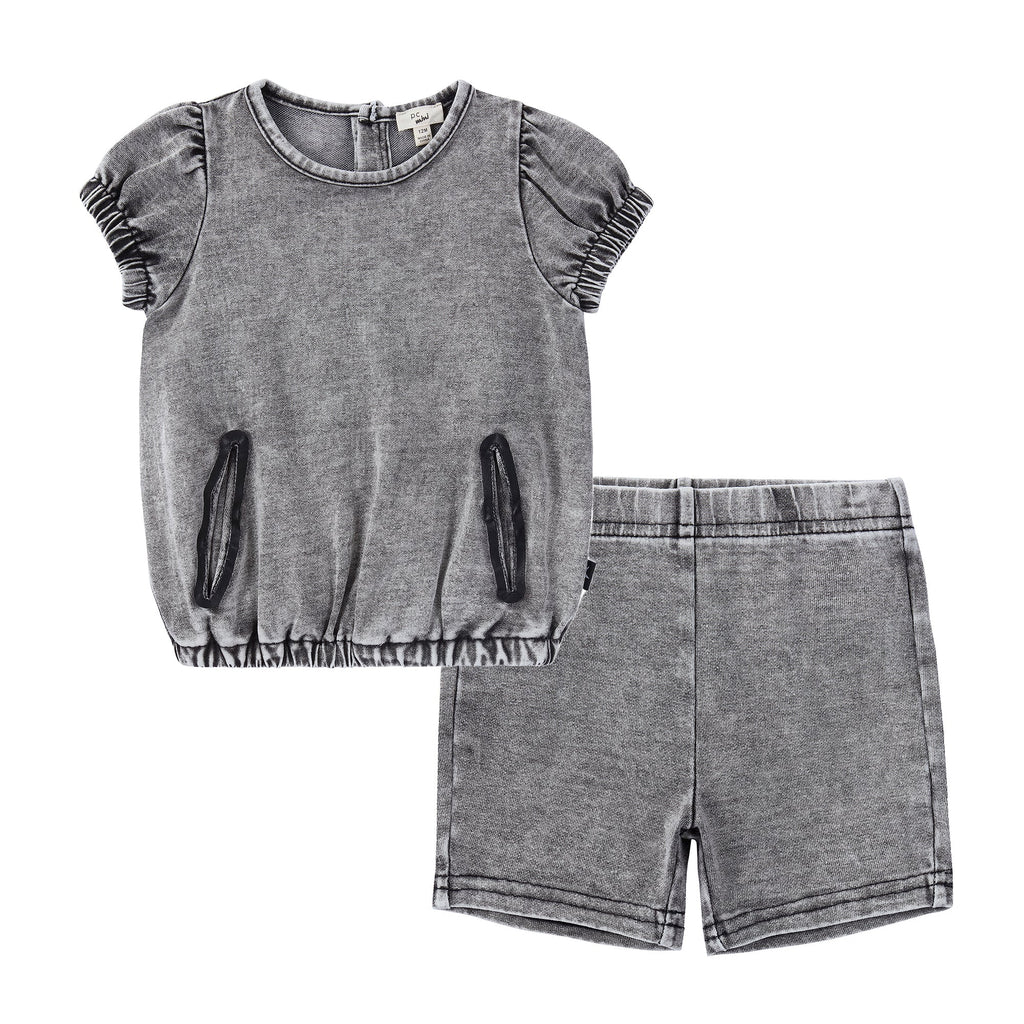 Grey Stretch Denim Puff Sleeve T-shirt Set with Printed Pockets