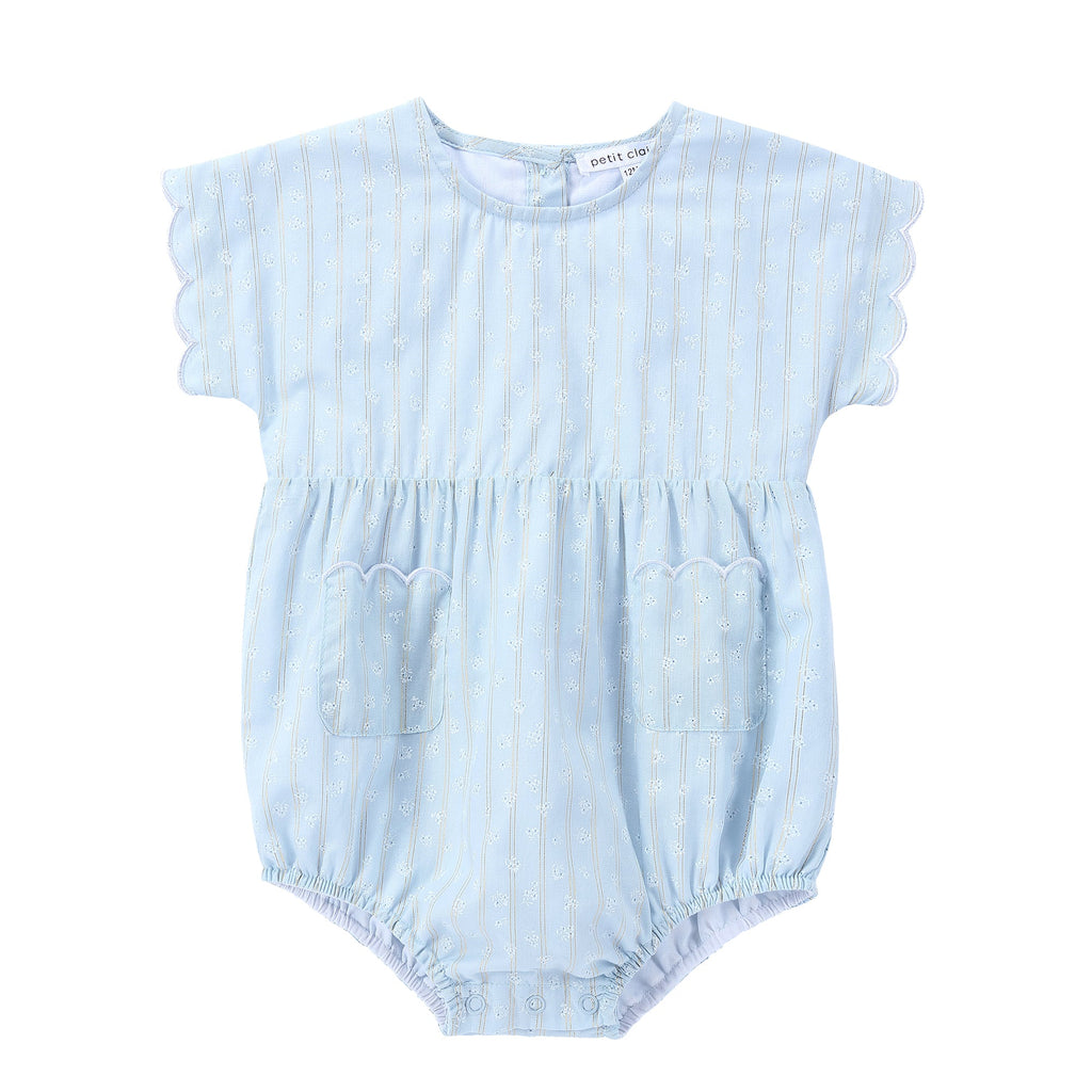 Light Blue Romper with Scalloped Pocket and Sleeves