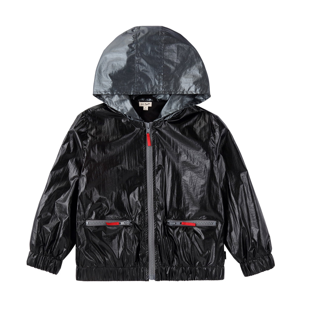 Black and Grey Raincoat with Red Accents