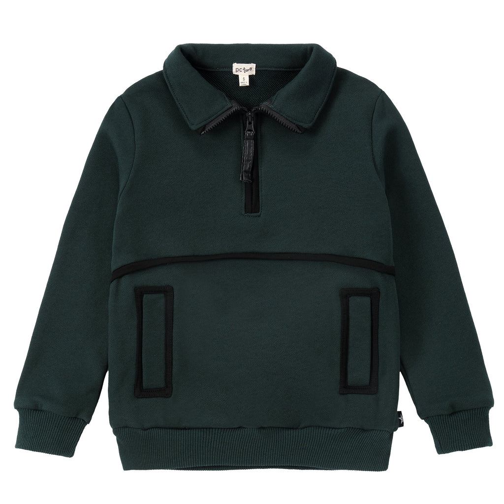 Emerald Green Sweatshirt With Zip-Mock Neck Detail