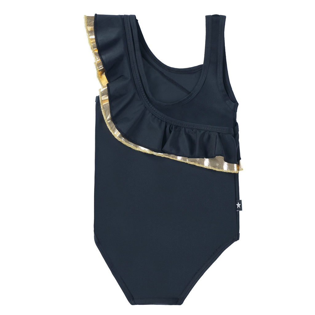 Black Ruffle Bathing Suit with Gold Detail
