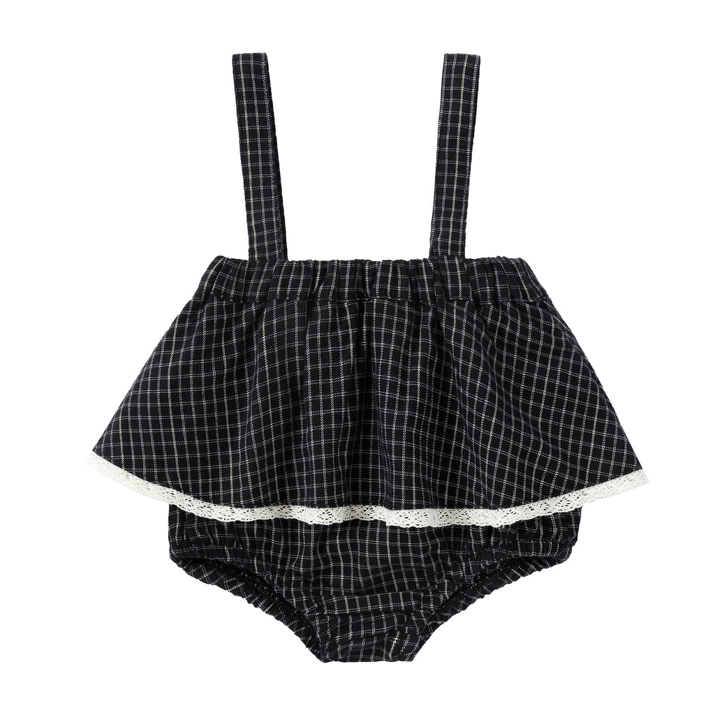 Black, Ivory, and Gold Grid Ruffle Suspender Bloomer