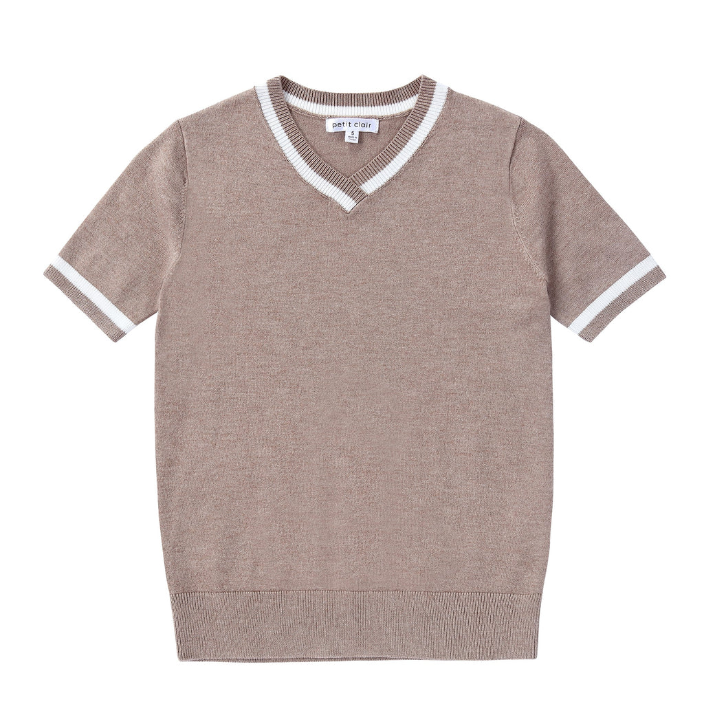 V-neck Short Sleeve Sweater in Tan