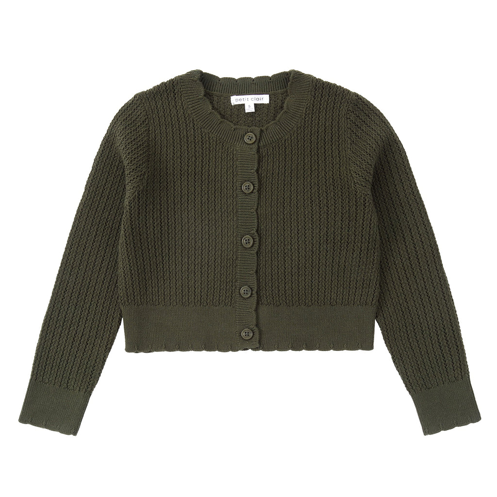 Forest Green Eyelet Cardigan With Scallop Detail