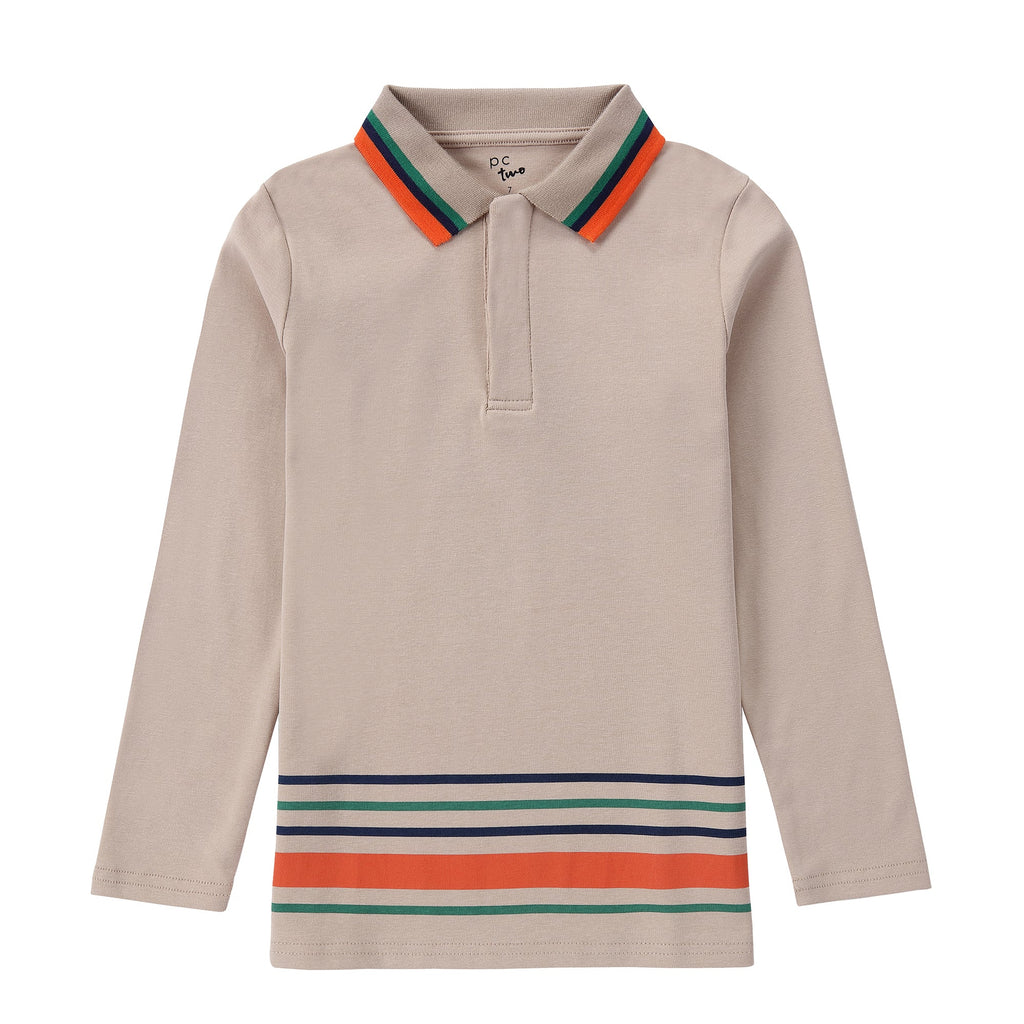 Tan Long Sleeve Polo With Orange, Green & Navy Accent