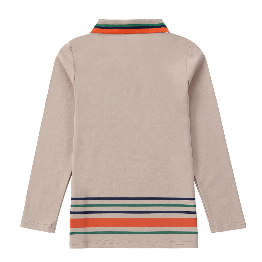 Tan Long Sleeve Polo With Orange, Green & Navy Accent