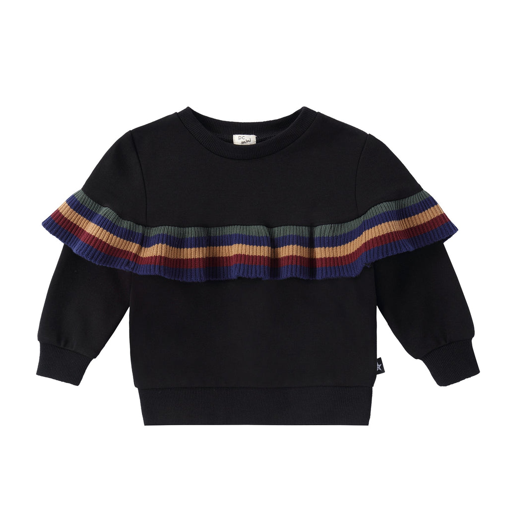 Baby Black Ruffled  Sweatshirt with Multi Colored Sweater Ribbing