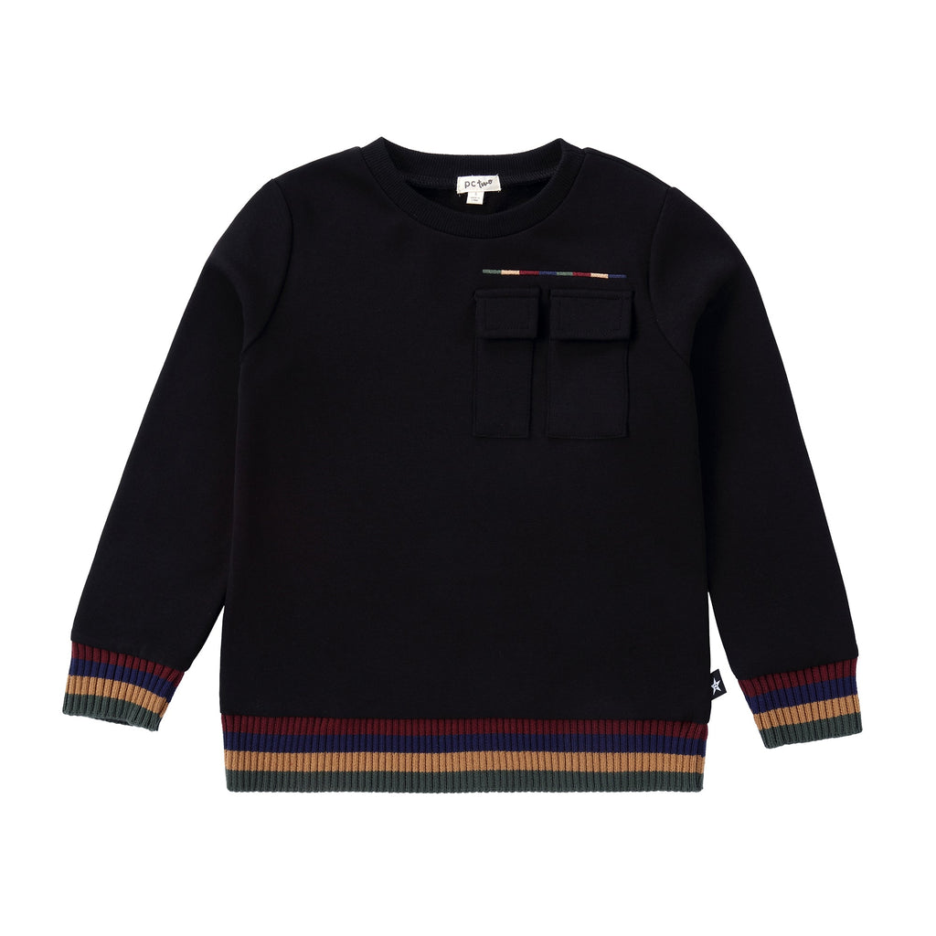 Black Sweatshirt with Multi Color Sweater Ribbing