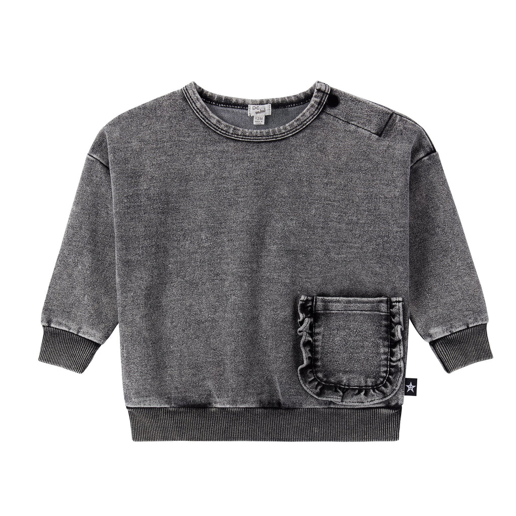 Baby Black Denim Wash Sweatshirt with Ruffle Pocket Detail