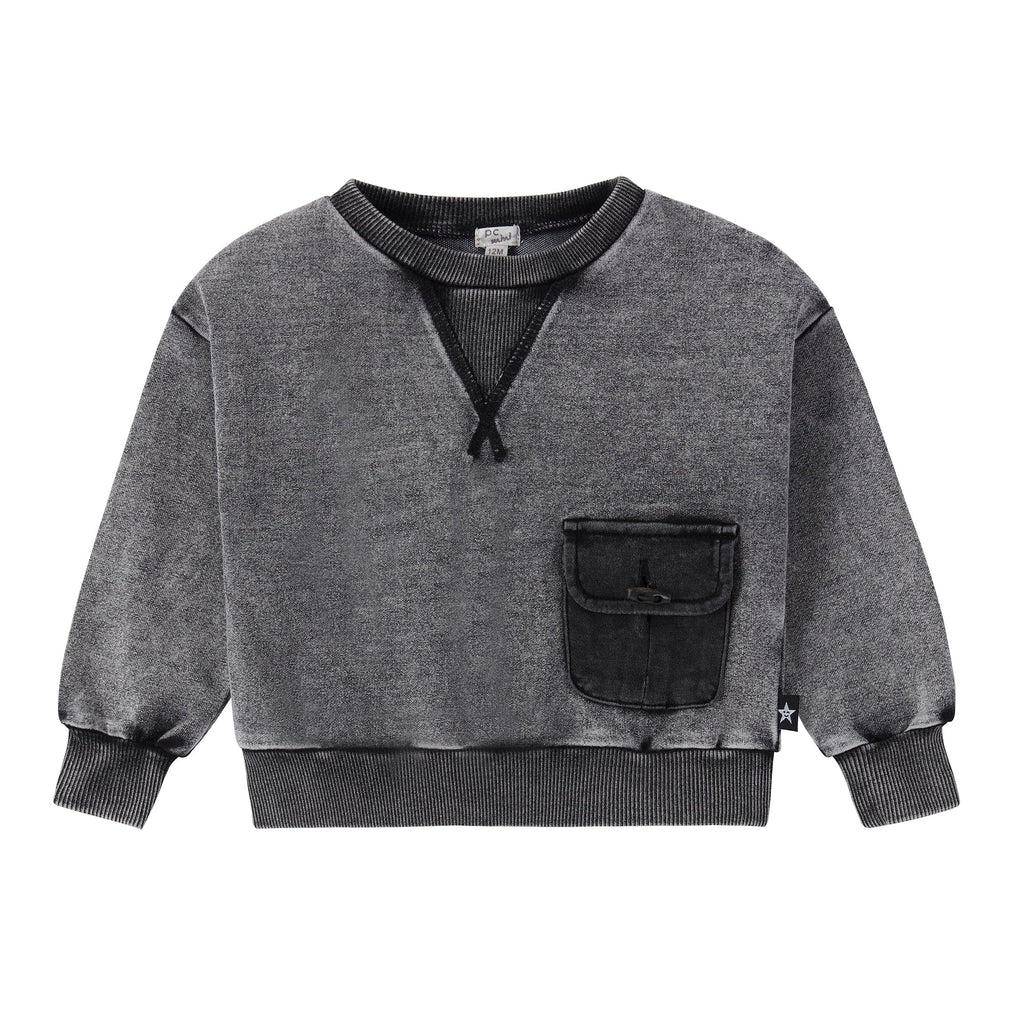 Black Denim Wash Sweatshirt with Pocket Detail