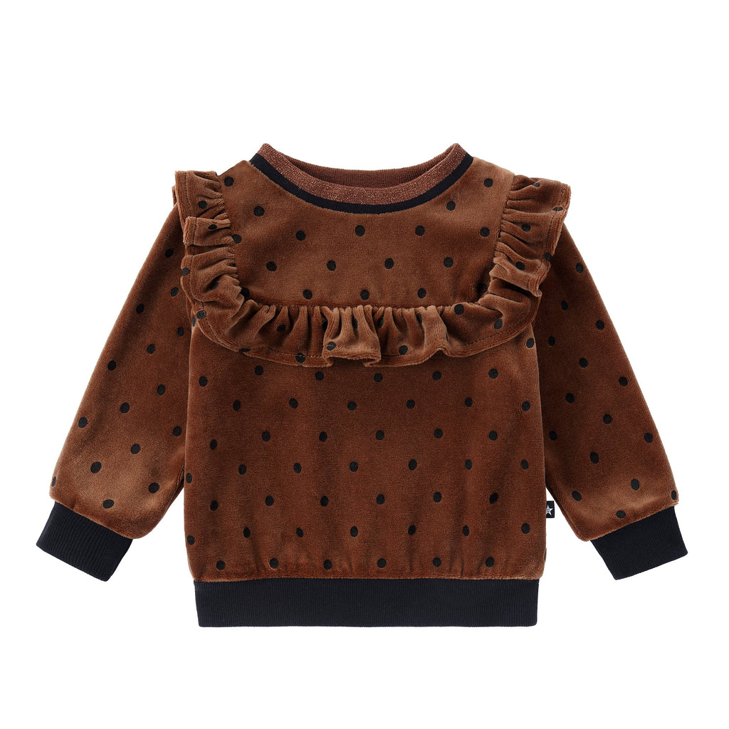 Brown Dot Printed Velour Ruffle Sweatshirt