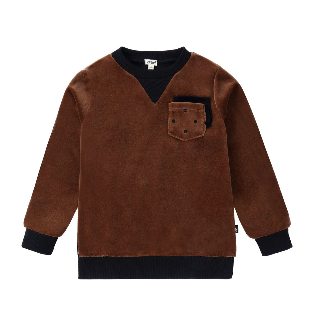 Brown Dot Printed Velour Sweatshirt with Pocket Detail