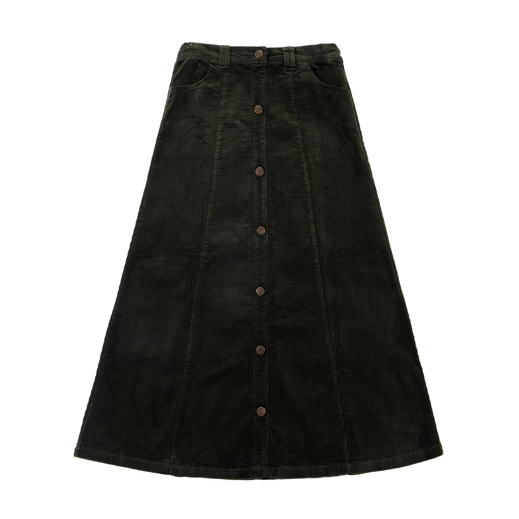 Green Corduroy Maxi Skirt With Button Front