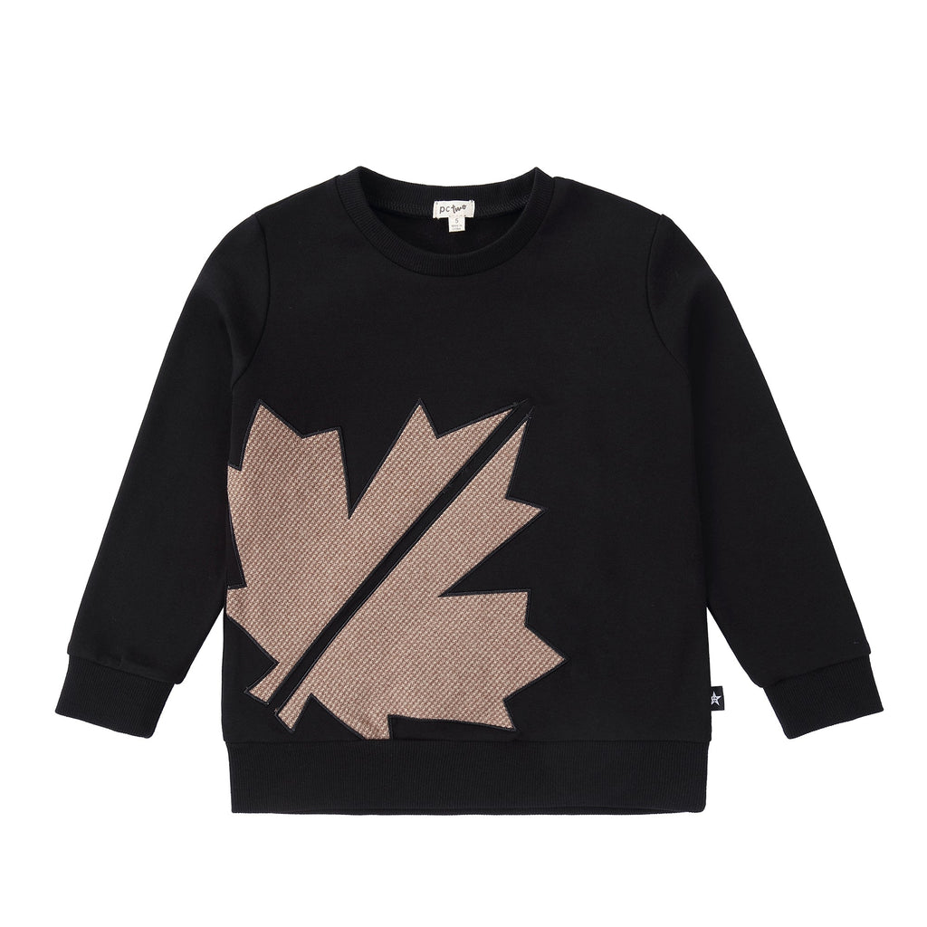 Black Sweatshirt with Houndstooth Leaf Applique