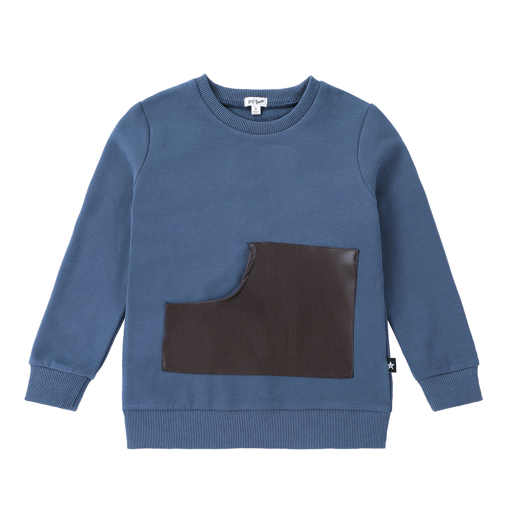 Blue Sweatshirt with Leather Pocket Detail