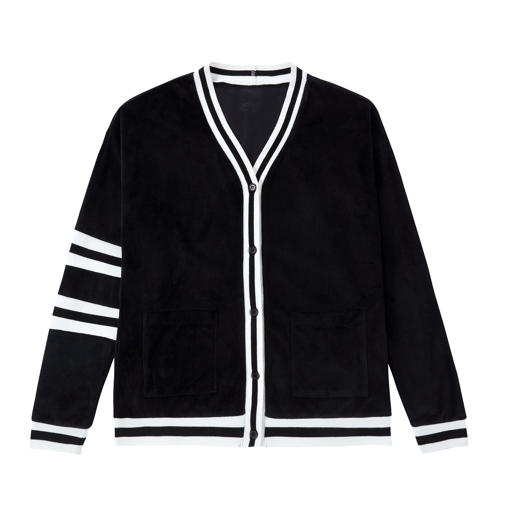 Teens Black Velour Cardigan with Striped Ribbing Details