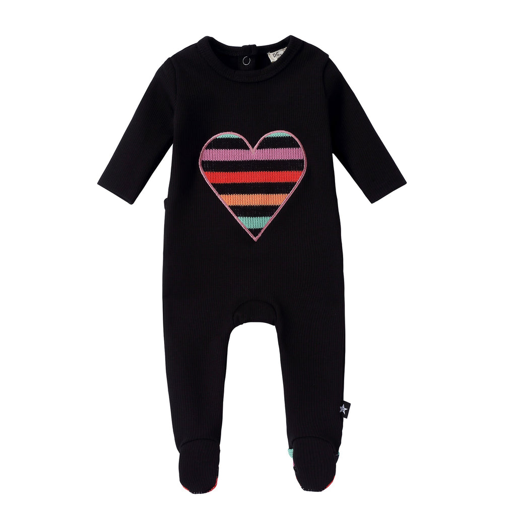 Black Footie with Sweater-Knit Stripe Heart Applique