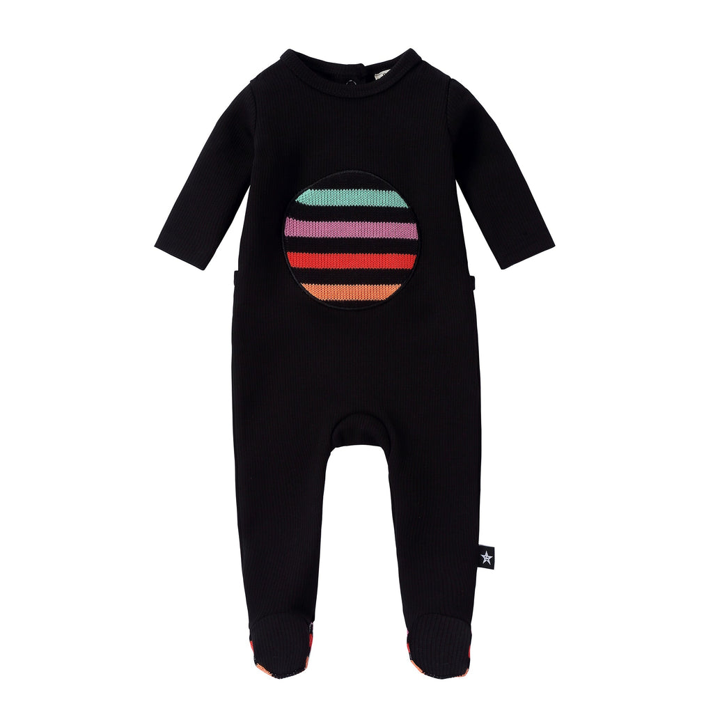 Black Footie with Sweater-Knit Stripe Circle  Applique