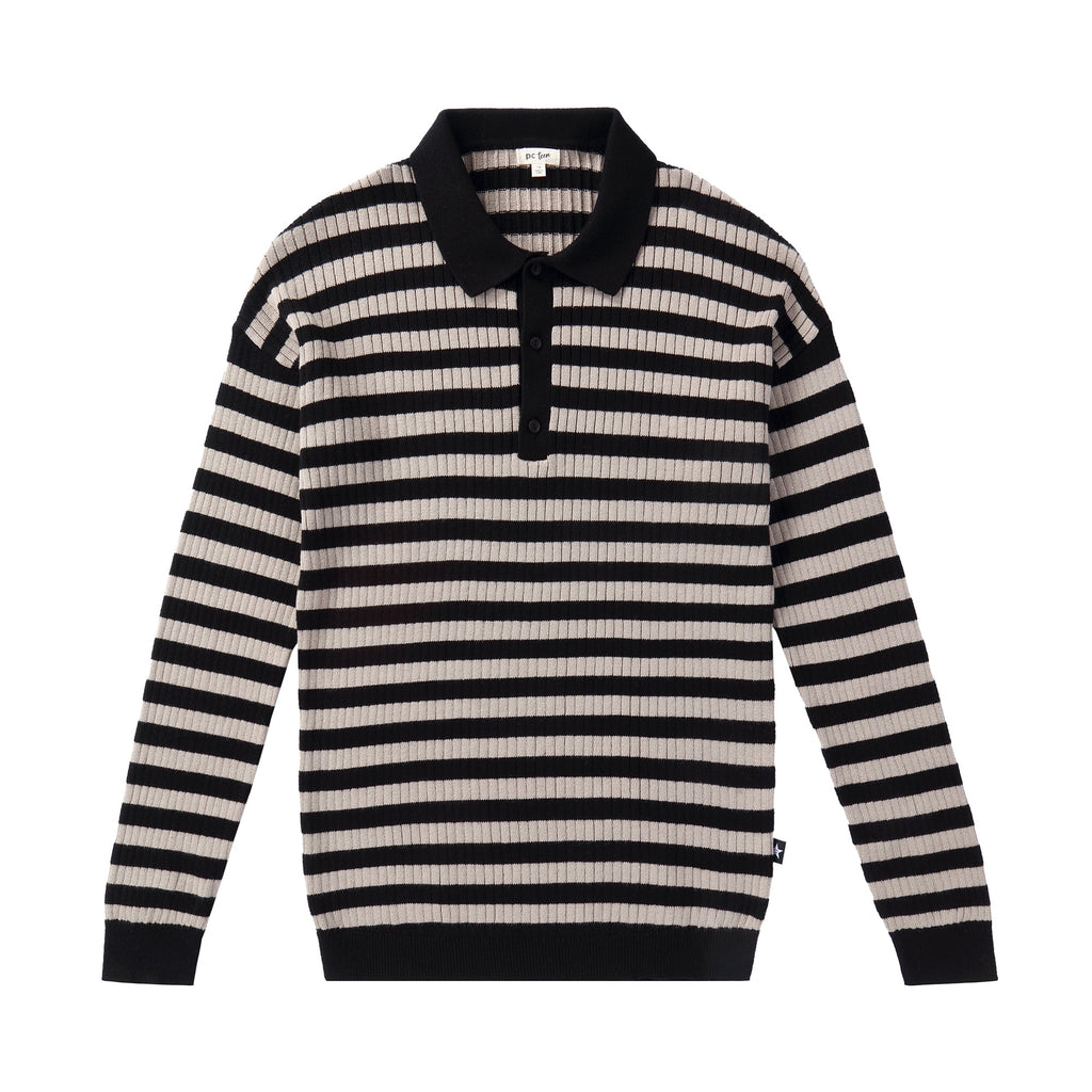 Ribbed Polo Sweater in Tan and Black