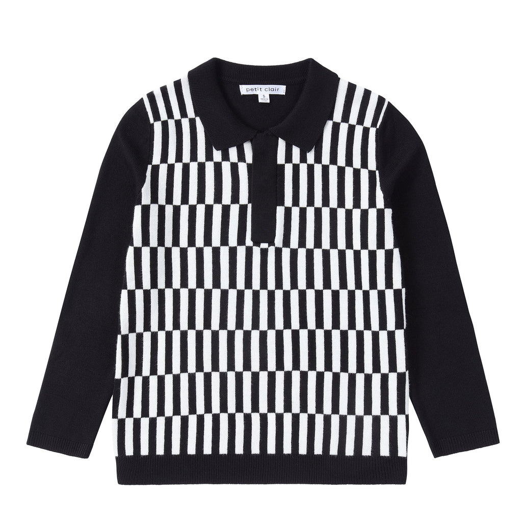 Black and Ivory Grid Knit Polo Sweater